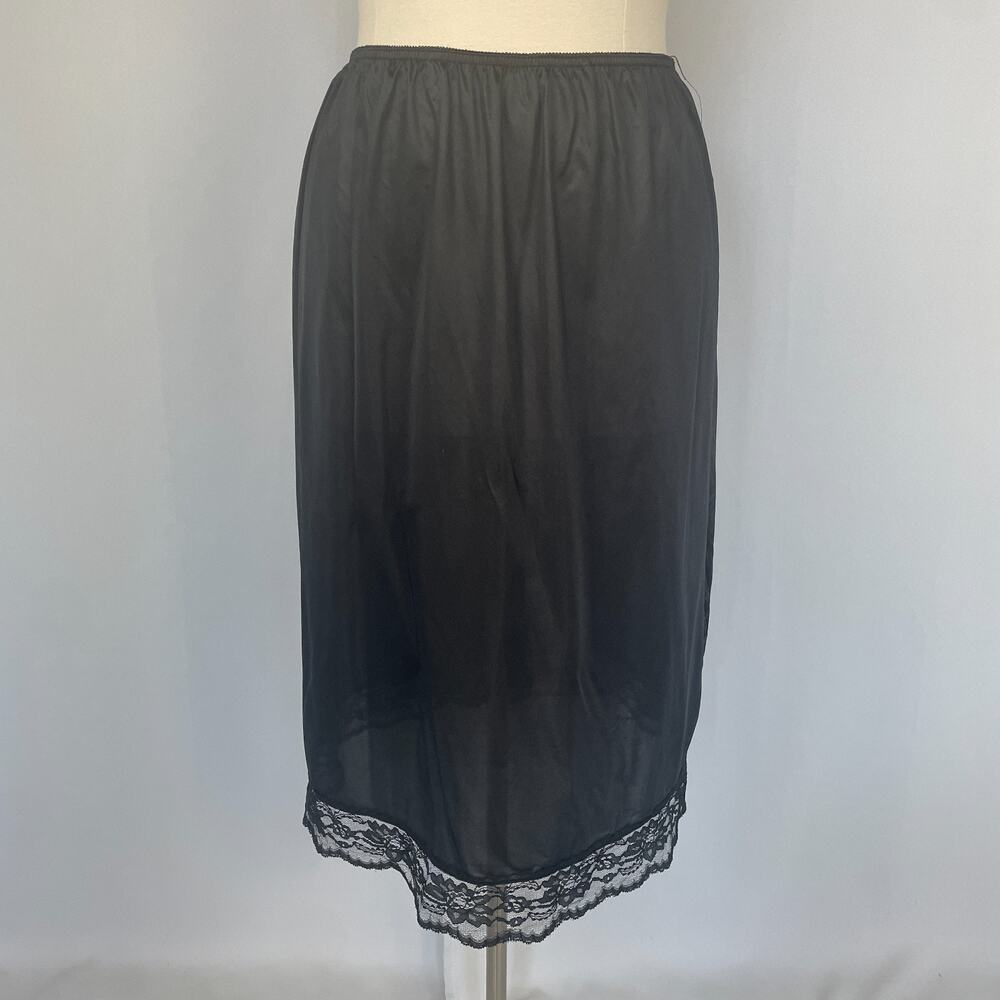 Half Slip Skirt Plus Size 26W 28W Black Satin Nylon Lace Trim Lingerie Layering - Picture 2 of 12